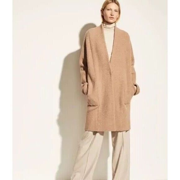 Vince Collarless Cardigan Coat Italian Wool Alpaca Bouclé Knit Camel XL NWT - Picture 2 of 11